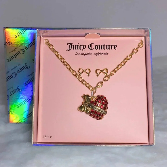 Juicy Couture Gold-Tone Ruby Red Rhinestone Heart Charm Necklace & Bow Earrings - Picture 6 of 9